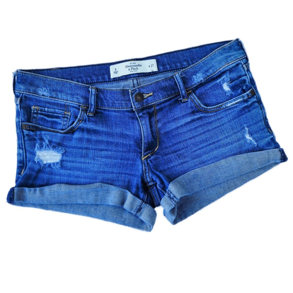 Abercrombie & Fitch Denim Shorts Cuffed Low Rise Cheeky Distressed Med Blue 27 4